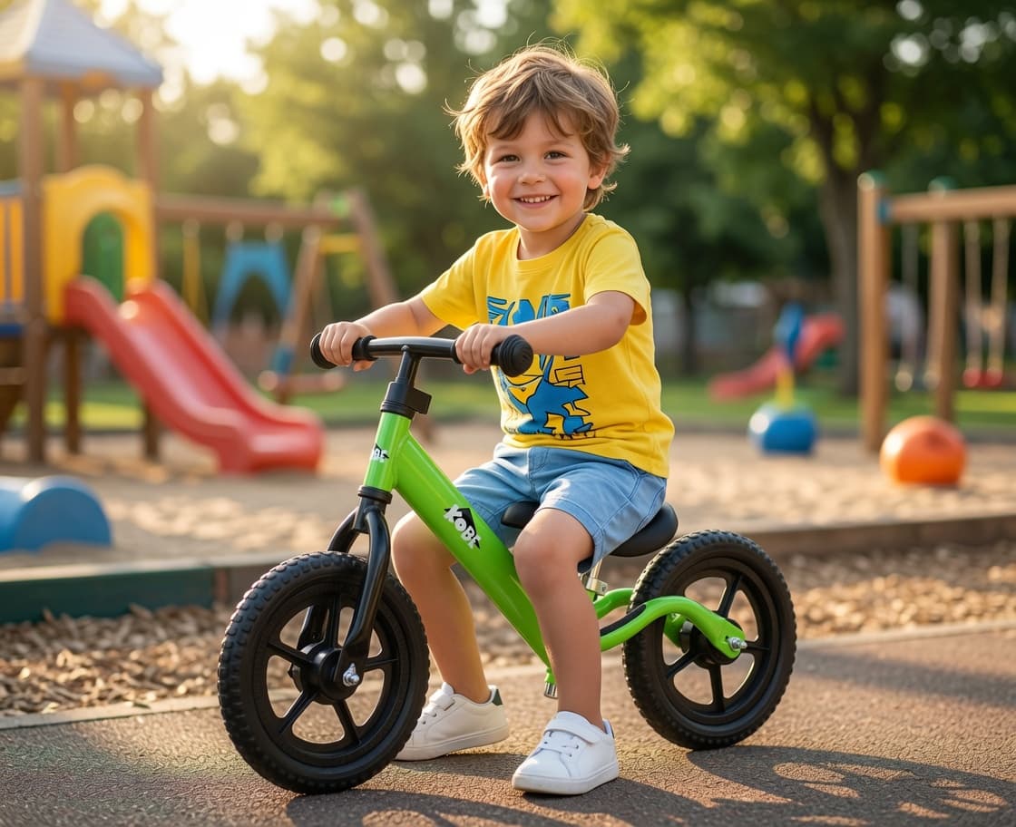 Child riding a green Kobe balance bike at a playground