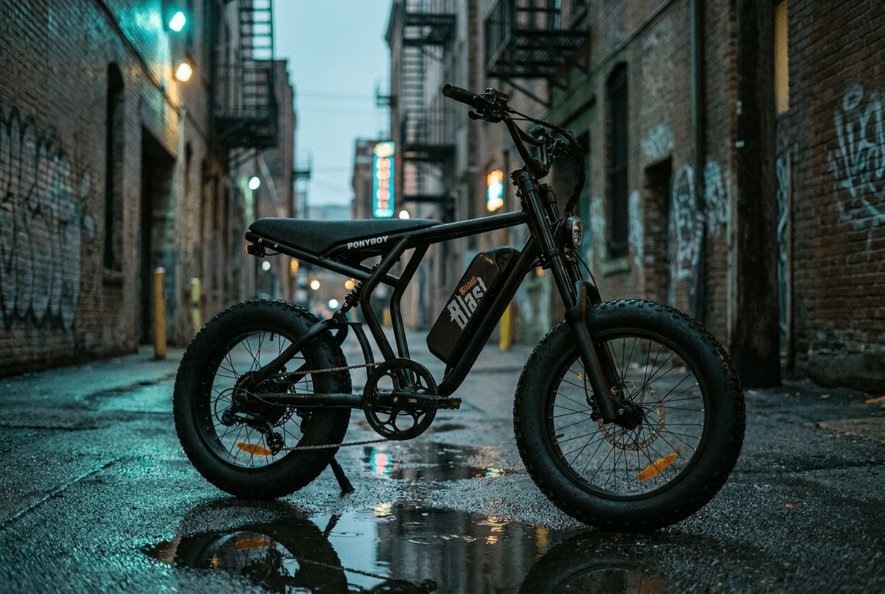 Ponyboy Full Suspension in a back alley at dusk