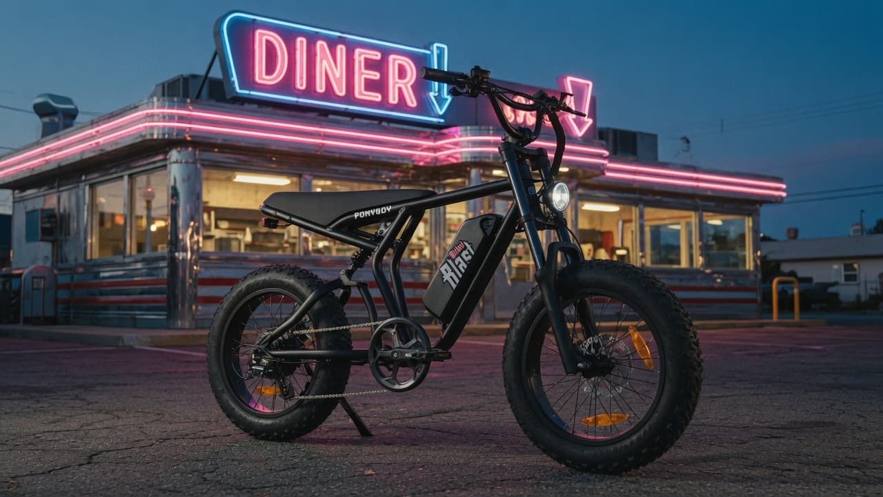 Ponyboy Full Suspension outside a diner after dark
