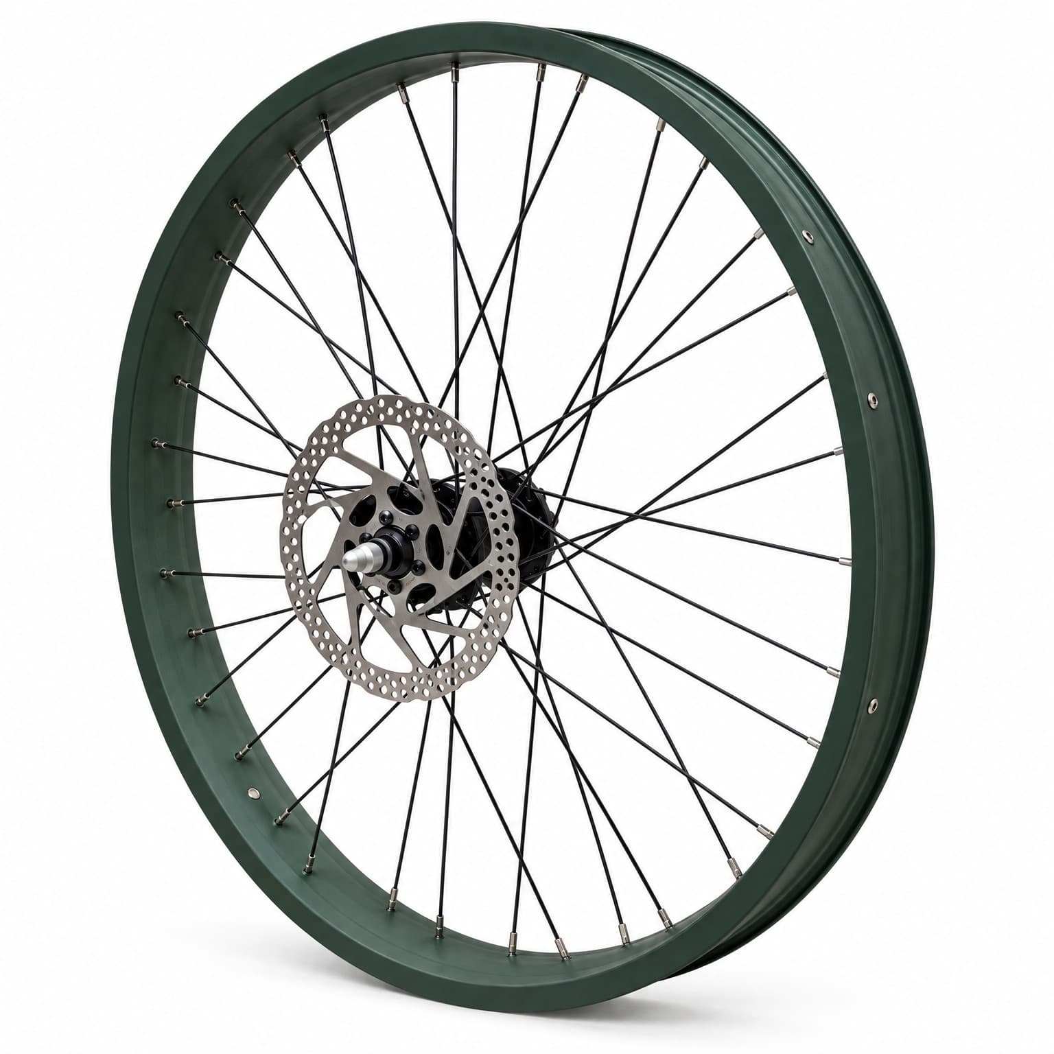 Angled view of the green wide rim from the other side showing the hub axle and disc rotor