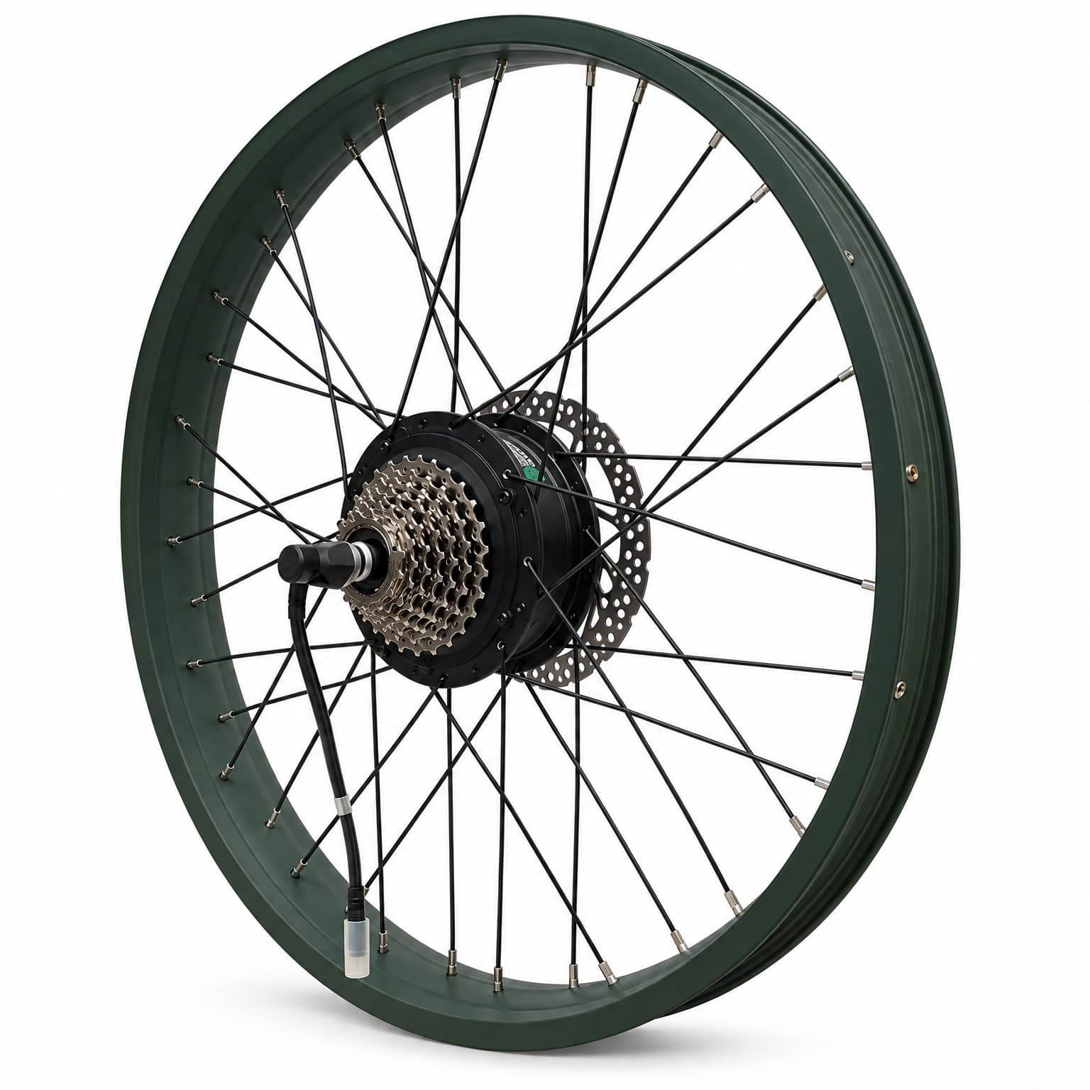 Angled view of the green wheel showing the cassette side and motor cable