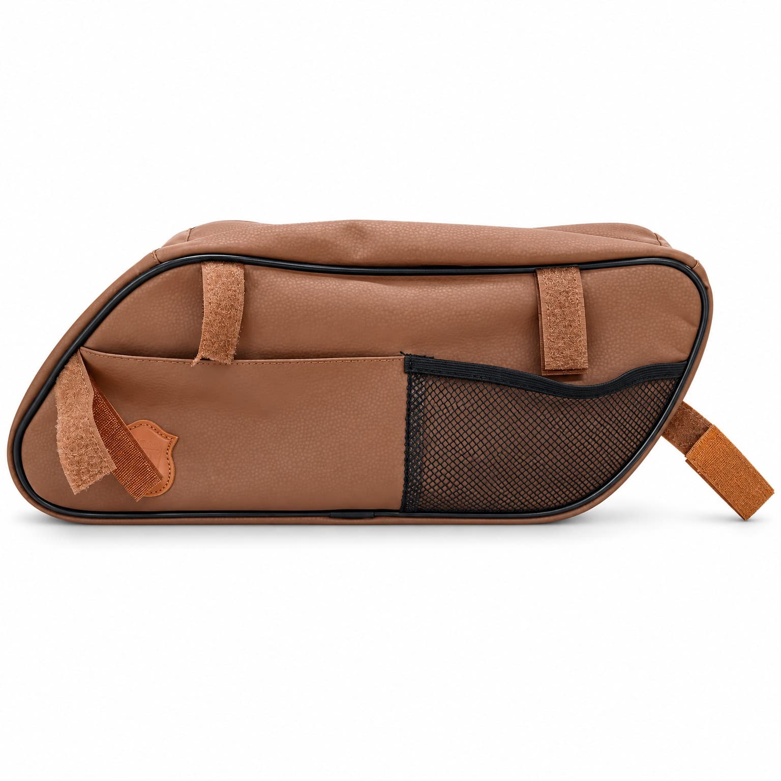 Side view of the sand frame bag showing the flat pocket, mesh pocket and hook-and-loop straps