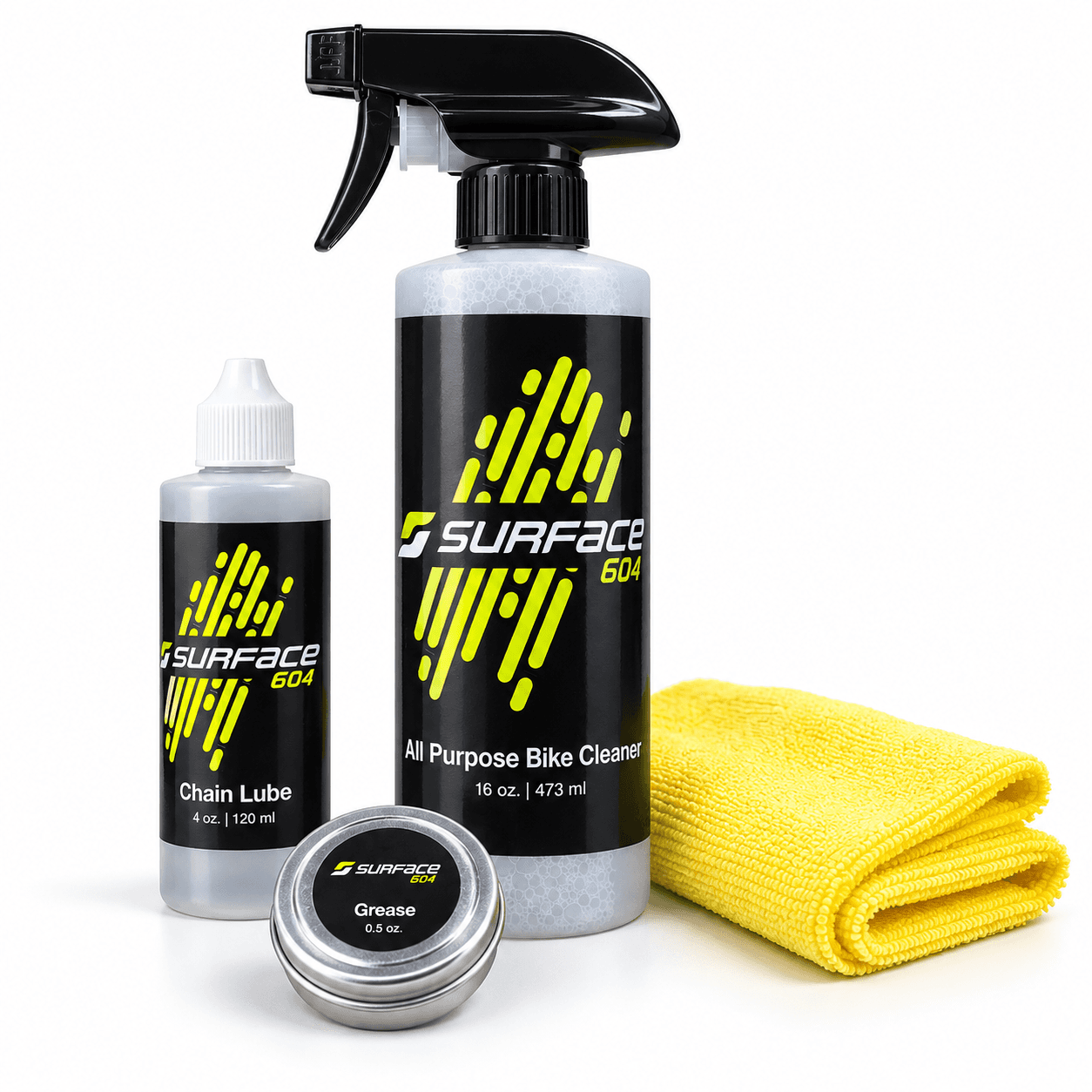 Surface 604 Bike Care Kit — cleaner, chain lube, grease and microfibre towel